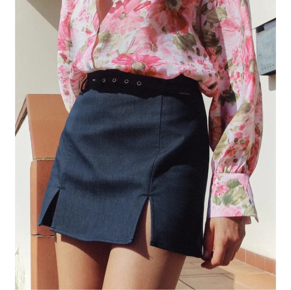 NWT ZARA BELTED SLIT MINI SKORT INDIGO BLUE